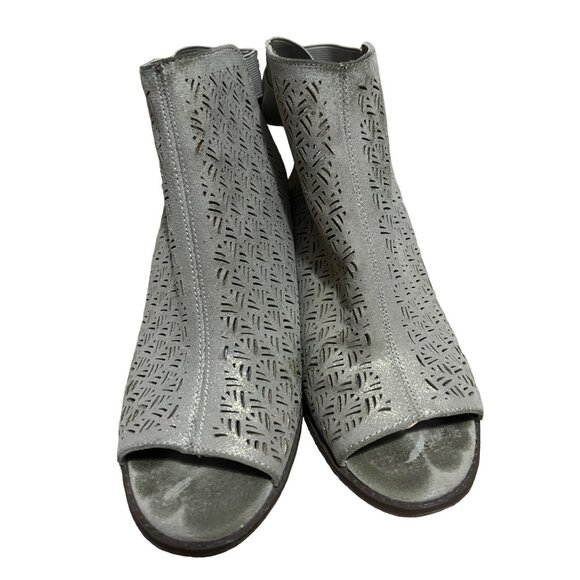 Kenneth Cole Beige Gold Shimmer Open Toe Ankle Booties Sz 8 Chunky Heel Womens - Picture 11 of 12